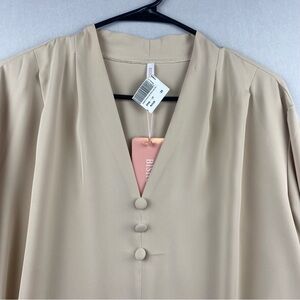 Beige V Neck Smocked Bishop Sleeves Ruffled Cuffs Blouse Women Plus Size 3XL